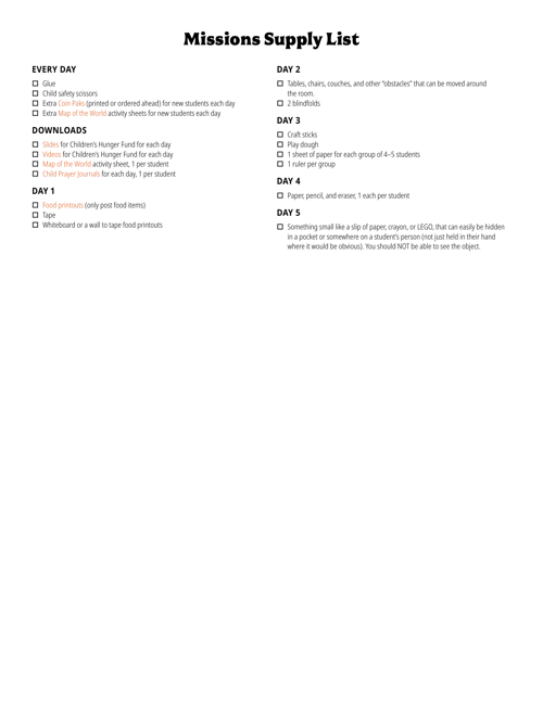 Missions Supply List